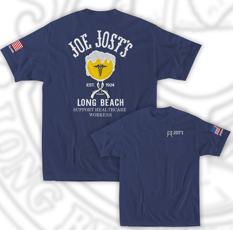Joe Jost's Men's Medical Fundraiser Shirt Navy w/pocket. Community Hospital of Long Beach Foundation”